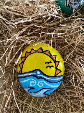 Hand-Painted Yellow Sunrise Seascape Rock – Home Art Accent
